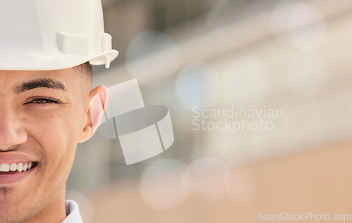 Image of Happy, man and half of construction worker face with inspection of building, site or development mock up. Industrial, manager and portrait of contractor or builder with happiness at warehouse or work