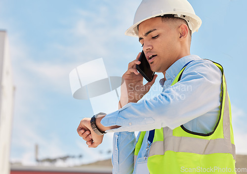 Image of Engineer on construction site, phone call and checking time for building schedule, inspection and maintenance. Architecture, communication and business man with cellphone looking at watch on site.