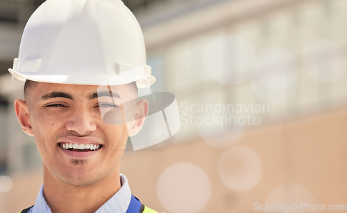 Image of Happy, man and portrait of construction inspection of building, site or industrial development with safety. Industry, worker and face of contractor and builder with happiness at warehouse or work