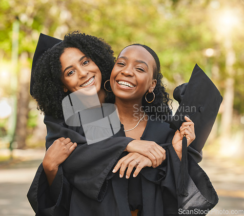 Image of Graduate portrait, hug and friends happy for learning success, education goals or university graduation, progress or achievement. College women, school nature park and students embrace for milestone