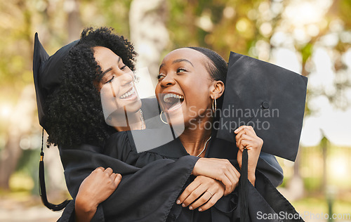 Image of Celebration, graduation and women outdoor, hug and happiness with achievement, degree and university. People, students and friends embrace, education and outside with excellence, diploma and support