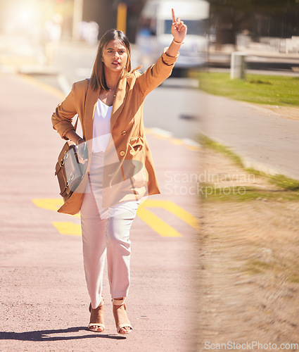 Image of Woman, walking and wave to taxi in city for bus, cab or commute transportation and travel in cbd for business. Person, hand and sign to call attention of taxicab driver, service or passenger in town