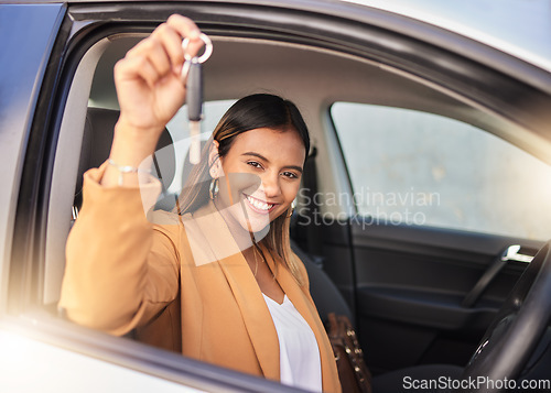 Image of Happy woman, drive and portrait with new car, keys and freedom of transportation and travel on road. Auto, dealership and person driving with happiness in rental cars and purchase of vehicle