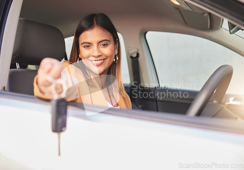 Image of Car, keys and portrait of happy woman and drive with freedom of transportation or travel on road. Auto, dealership and person driving with happiness in rental cars or owner purchase a vehicle