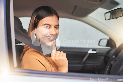 Image of Car, portrait and happy woman with seatbelt check for road trip, travel or journey. Window, face and lady driver with vehicle safety belt for driving, protection or test drive, compliance or security