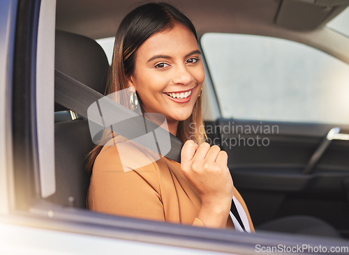 Image of Happy woman, car and portrait with seatbelt check for road trip, travel or journey. Window, face and lady driver with vehicle safety belt for driving, protection or test drive, compliance or security