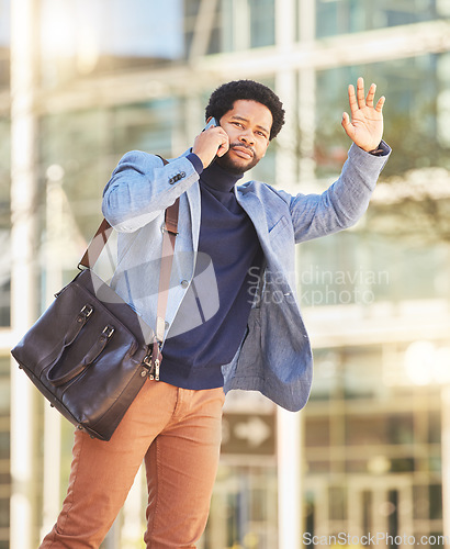 Image of Wave, taxi and man with phone in city with transportation, travel and commute in cbd for client contact or communication. Businessman, hand and call attention of cab, driver and service in town