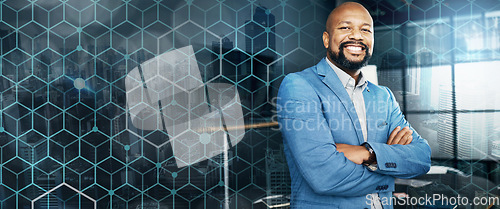 Image of Portrait, employee and black man with banner, arms crossed and startup with accountant, career and success. Face, African person and financial advisor with overlay, work or professional with investor