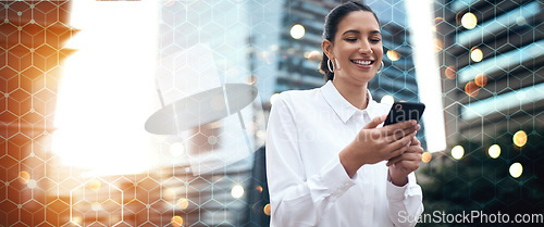 Image of Overlay, city and woman with a smartphone, business and connection with social media, post and typing. Happy person outdoor, employee or worker with a cellphone, digital app or banner with lens flare