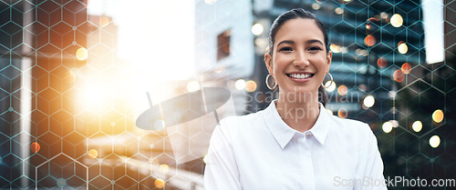 Image of Portrait, business and woman with overlay, city and corporate professional with success, innovation and career. Face, person and entrepreneur with startup, outdoor and urban development with banner