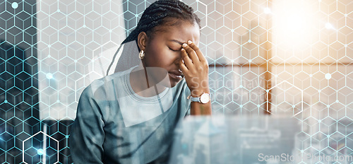 Image of Business woman, headache and stress on computer for network mistake, coding and grid or data overlay. Sad employee or programmer with depression, fatigue or frustrated for integration software fail