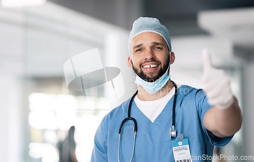 Image of Portrait, man and doctor with thumbs up, support and agreement with feedback, medicine and medicare review. Face, person and medical professional with hand gesture, healthcare and like with icon