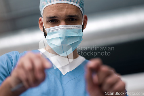 Image of Portrait, doctor and man in surgery in operating room in scrubs with face, healthcare and pov. Medical professional, job and confident in medicine for treatment, illness or health in hospital