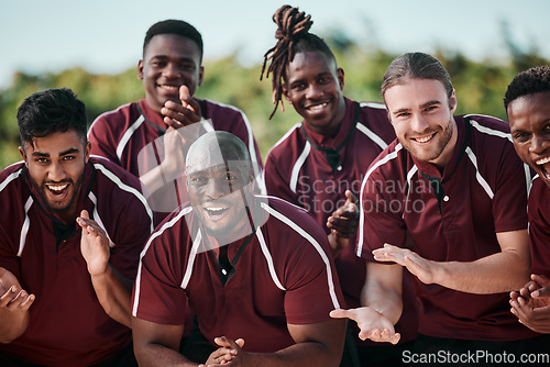 Image of Sports, portrait and team on field for motivation in applause, cheers at competition or happy support. Smile, men and teamwork in rugby, friends at training with praise, celebration and game together