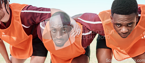 Image of Rugby team, scrum and men in portrait for training, exercise and workout together. Sports, group huddle and serious face of people in collaboration, support and solidarity for competition outdoor.