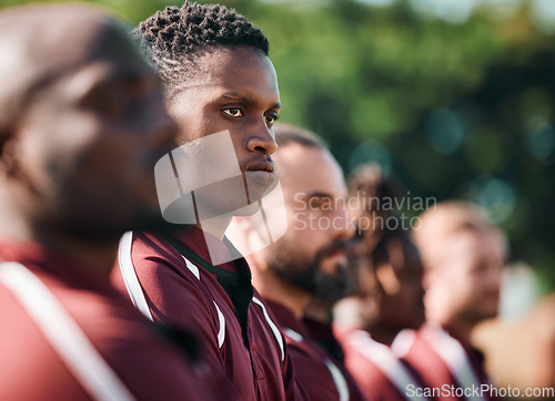 Image of Sports, team and serious men at field for training, workout and practice outdoor. Fitness group, rugby and people exercise together, thinking and planning to start for competition, game and match