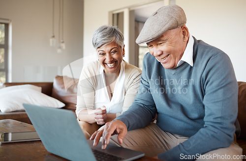 Image of Senior couple, laptop and home living room with reading, smile or excited for streaming movie on sofa. Elderly woman, old man and computer with scroll, click or funny video on social media with smile