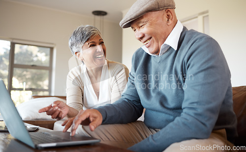 Image of Happy, love and senior couple with a laptop on a sofa for subscription, search or sign up service at home. Movie, streaming and old people online in a living room with comedy, choice or social media