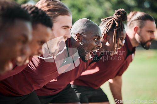 Image of Huddle, rugby and men with fitness, game and serious with workout, training and competitive with support. People, players and face on field, teamwork and exercise with screaming, scrum or commitment