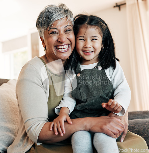 Image of Portrait, love and grandmother with child on couch together for bonding, connection and care in living room of home. Happy family, woman and girl on sofa with happiness for relaxing, weekend and face