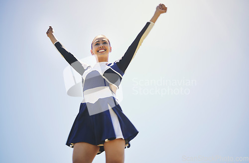 Image of Woman, cheerleader and smile for fitness training outdoor, workout and performance on sky mockup. Happy female person, cheer and sports and celebrate or motivation in uniform to encourage and support