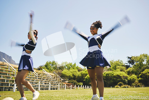 Image of Dance, cheerleading and women on a field for training, teamwork and a performance for a game. Cheerleader, happy and a team with a routine, sports or motivation for an event on school grass together