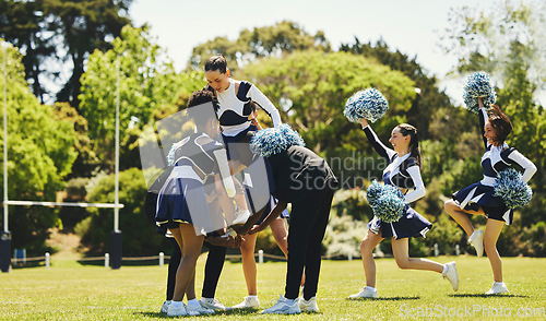 Image of Team, cheerleader or girl on field for practice or fitness training in outdoor workout or performance. Learning routine, dance or sports woman in group for motivation, inspiration or support on grass