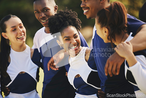 Image of Sports team, hug or happy cheerleaders with support outdoor training or event and game together on field. Diversity people, smile or proud friends or excited squad, winning celebration and fitness
