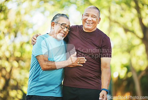 Image of Mature, men and fitness for health in closeup for retirement in embrace, conversation and laughing at park. Elderly, people or friends on walk, together and bond for happiness with wellness in cardio