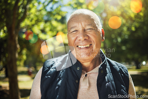 Image of Happy, portrait and senior man with bokeh in a park, forest or woods with freedom, good mood or positive mindset. Smile, face and elderly male person enjoy retirement in nature with morning fresh air