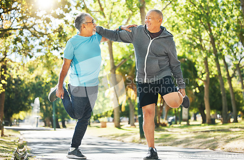 Image of Senior man, friends and stretching in nature for running, exercise or outdoor training together at park. Mature people in body warm up, leg stretch or preparation for cardio workout or team fitness