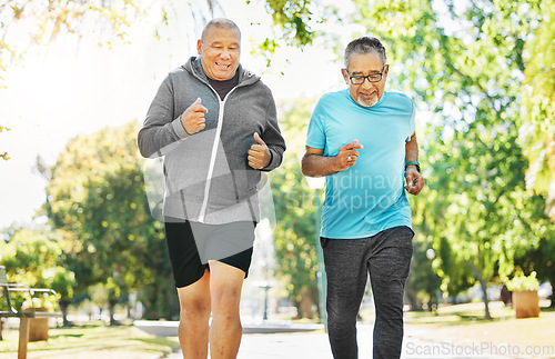 Image of Senior, men and running for training in road of city for wellness, exercise or workout outdoor with smile. Elderly, people and fitness together in nature or park for health, adventure and happiness