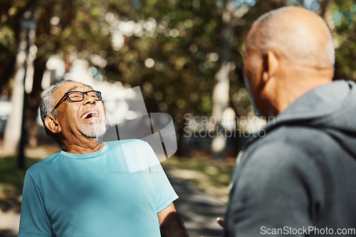 Image of Fitness, friends and senior men in park, laughing and fun on outdoor exercise energy together in morning. Happy, funny and elderly people on nature path for workout, training and health in retirement