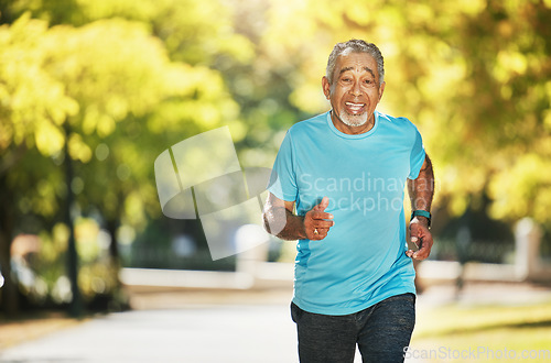 Image of Portrait, summer and an old man running in the park for fitness, cardio training or a marathon. Exercise, smile and a happy senior runner outdoor for a workout to improve health or wellness on space