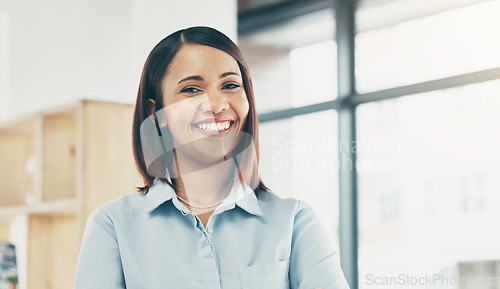 Image of Storage, office and happy portrait of woman in retail, store or small business owner in shipping warehouse or workplace. Professional, face and employee smile with happiness in project management