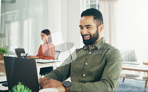 Image of Man, smile and typing on laptop in office, email or planning a proposal. Happy mexican worker, sitting and working on review or research on computer, creative and insight for report by businessman