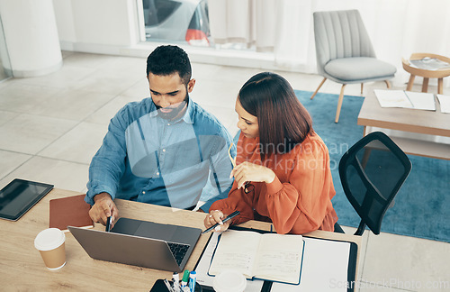 Image of Man, woman and work in office with laptop for startup, cost management and accounting in above. Mexican people, brainstorming and collaboration with financial reports with mentor, email and planning