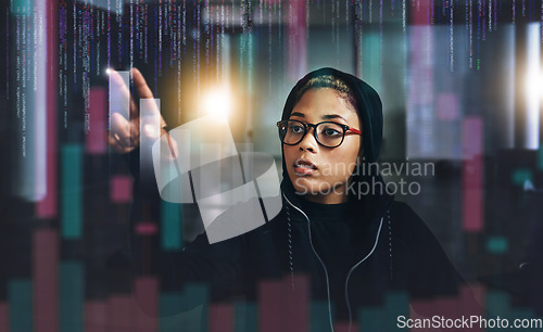 Image of Woman, hacker and digital overlay at night in cybersecurity, programming or cryptocurrency at basement. Serious female person, employee or programmer working late on problem, cyber attack or malware
