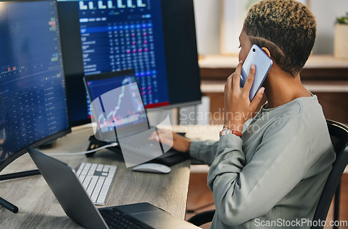 Image of Woman, phone and laptop for crypto trading with networking, investment crm and cyber stocks. Nft, financial management and broker with cellphone for advice on profit growth, market info and charts.