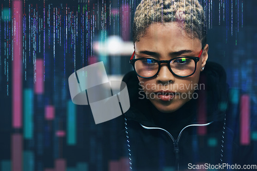 Image of Woman, hacker and coding at night in cybersecurity, programming or cryptocurrency on digital overlay. Female person, serious employee or programmer working late on problem, cyber attack or malware
