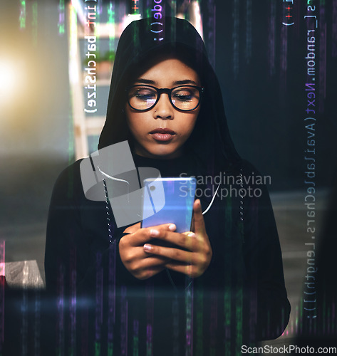 Image of Hacker, coding overlay and woman with phone at night for cybersecurity, phishing and crime. Information technology, mockup and person on smartphone with software, network code or programming hologram