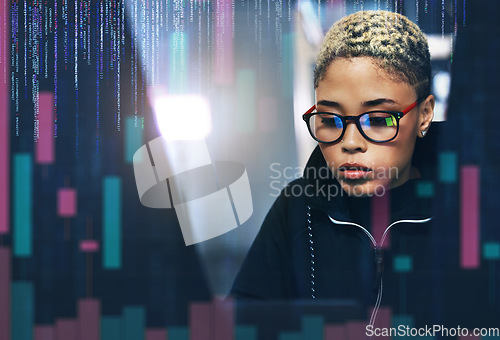 Image of Woman, hacker and coding at night in cybersecurity, programming or cryptocurrency on digital overlay. Female person, employee or programmer working late in problem solving, cyber attack or malware