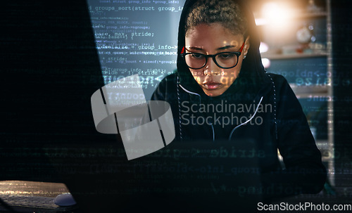 Image of Hacker, woman in dark room with laptop and code, data analysis and IT, phishing and cyber crime with database. Cybersecurity, programming and criminal with pc, overlay or hologram with ransomware