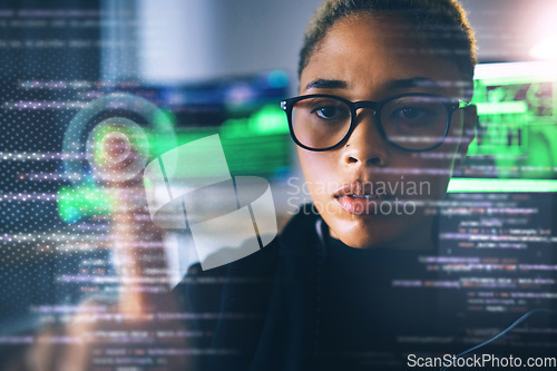 Image of Programmer, woman with touch and code, cybersecurity with database, password and information technology. Cybersecurity, programming with ransomware and fingerprint, privacy and holographic overlay