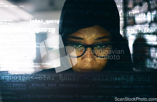 Image of Hacker, woman and laptop with code and hologram, information technology and programming with database. Ransomware, malware or virus, hacking global network and cyber crime with cybersecurity and spy