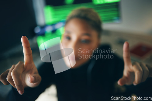 Image of Hands, hacker and a person in an office for cyber security, software check or invisible screen. Closeup, typing and a hacker with fingers for a password, phishing or a connection virus at night