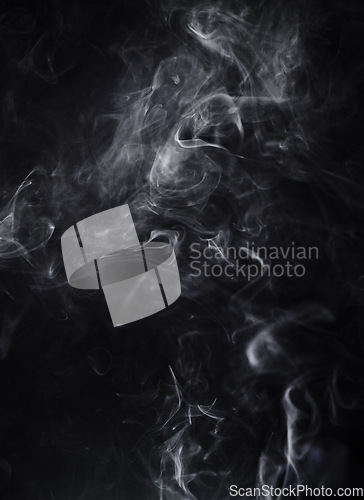 Image of Smoke, dark background and steam, fog or gas on mockup space wallpaper. Cloud, smog and magic effect on black backdrop of mist with abstract texture, dry ice pattern or vapor of incense moving in air