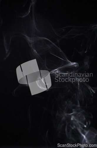 Image of Smoke, dark background and steam, fog or gas on mockup space wallpaper. Cloud, smog and magic effect on black backdrop of mist with abstract texture, pollution pattern and incense vapor moving in air