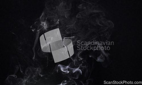 Image of Smoke, dark background and steam, fog or gas on mockup space wallpaper. Cloud, smog and magic effect on black backdrop of mist with abstract texture, dry ice pattern or vapor of incense moving in air