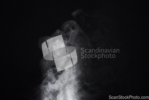 Image of Smoke, dark background and mist, fog or gas on mockup space wallpaper. Cloud, smog and magic effect on black backdrop of steam with abstract texture, dry ice pattern or vapor of incense moving in air